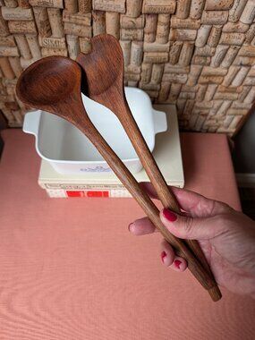 Vintage Hand‑Carved Wooden Salad Servers | MCM Danish Modern Style 11 3/4"
